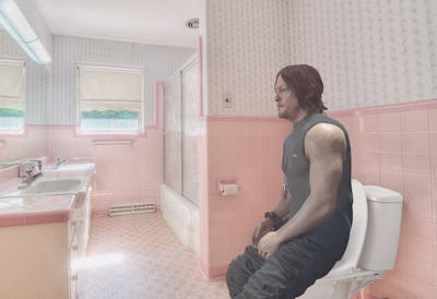 Sam Porter Bridges from Death Stranding in a pink retro bathroom.