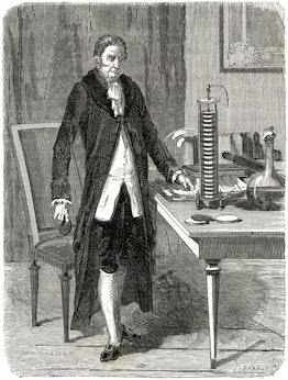 line drawing of 19th century man next to scientific apparatus