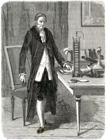 line drawing of 19th century man next to scientific apparatus