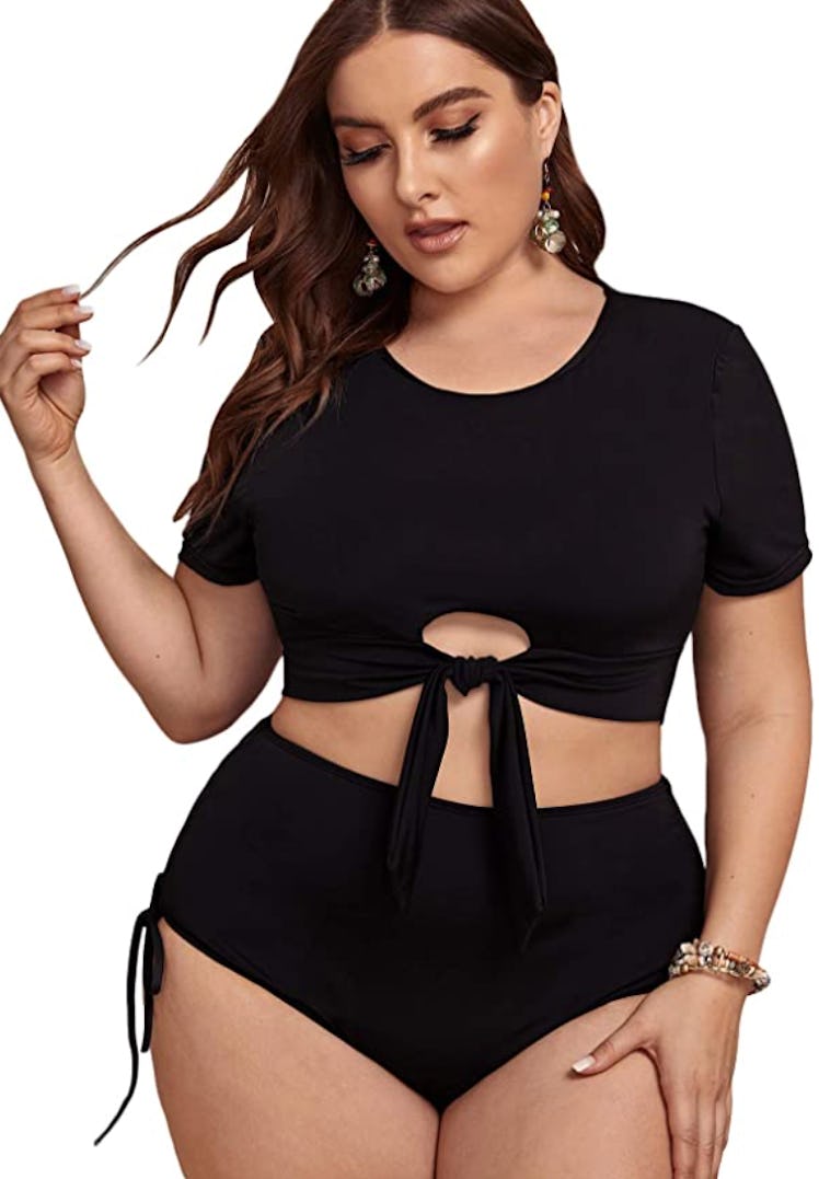 SOLY HUX Women's Plus Size Short Sleeve Tie Knot Front High Waisted Tankini Swimsuits Bathing Suits