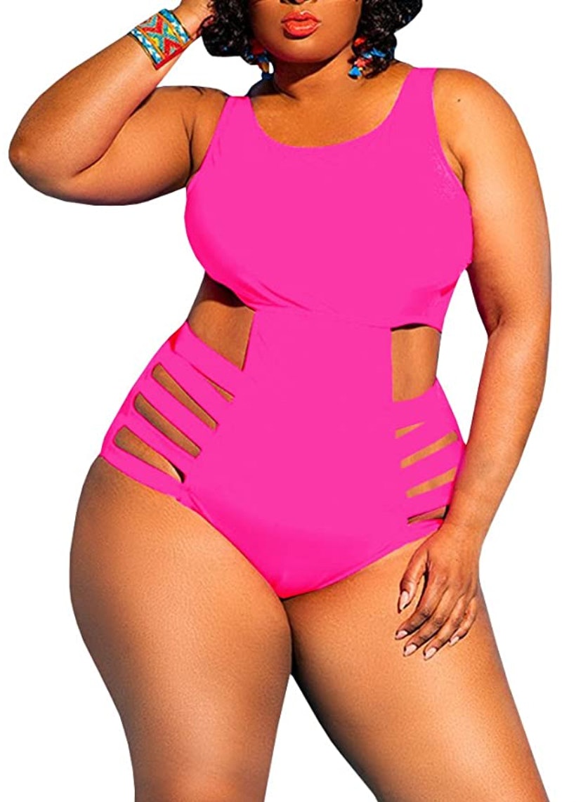 MakeMeChic Women's Plus Size Swim Dress One Shoulder Ruffle High Waisted Tankini Swimsuit 