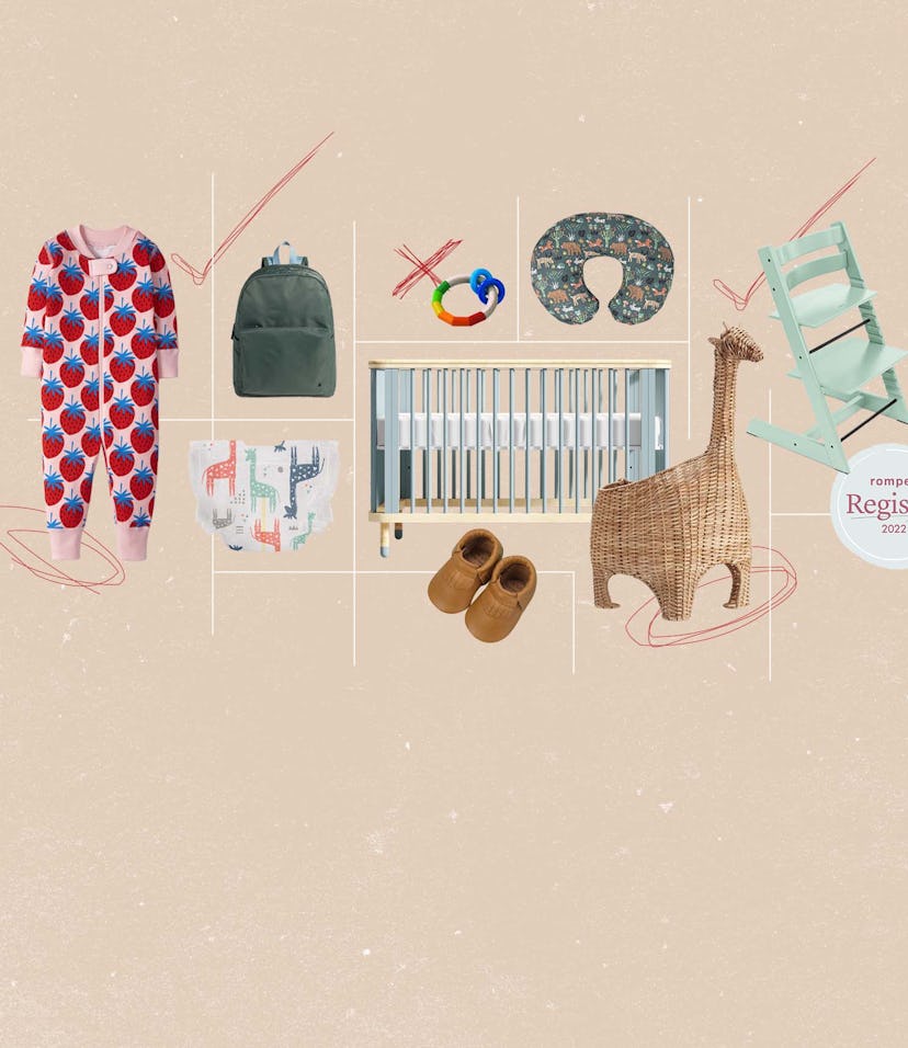 collage of cute items to add to your baby registry checklist