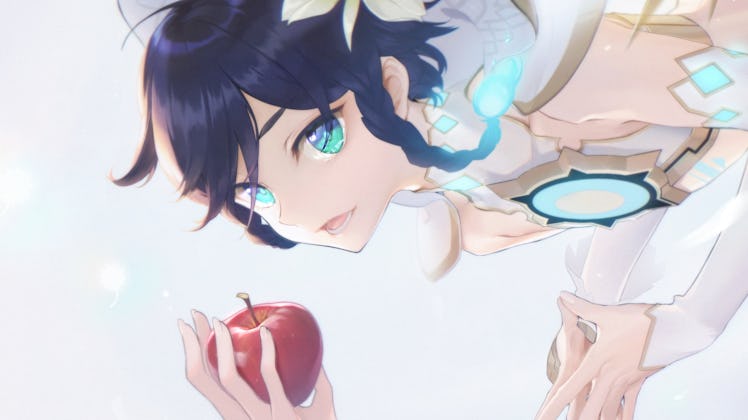 Venti from genshin impact flying towards a hand holding an apple