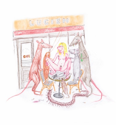 Een illustratie van Aurel Schmidt van de kunstenaar omringd door ongedierte buiten het restaurant Lucien