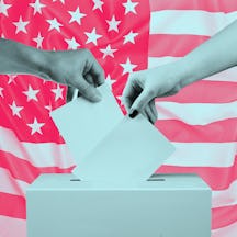 Two hands putting papers with their votes in a box for the primary elections and the American flag i...