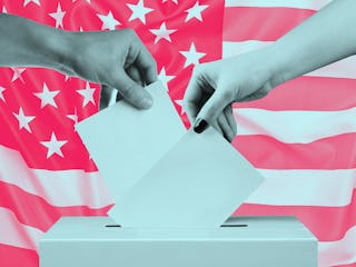 Two hands putting papers with their votes in a box for the primary elections and the American flag i...