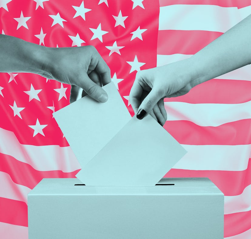 Two hands putting papers with their votes in a box for the primary elections and the American flag i...