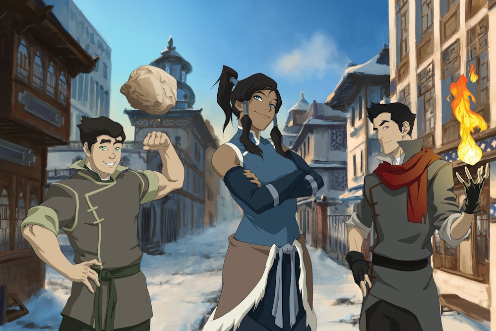 Korra with her allies (and pr-bending teammates) Mako and Bolin. Go Fire Ferrets!