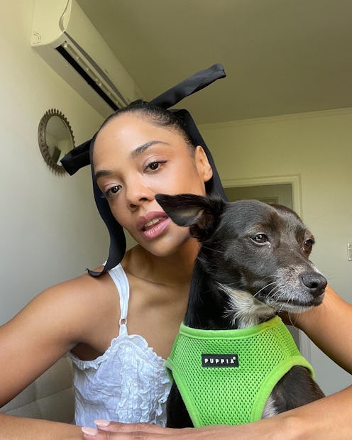 Tessa Thompson with her dog, Coltrane