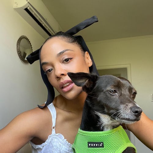 Tessa Thompson with her dog, Coltrane