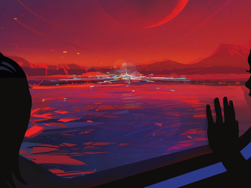 An illustration of two people looking at an exoplanet through a window