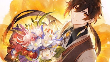 Zhongli from genshin impact holding a bouquet of flowers 