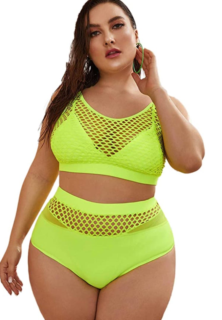 Floerns Women's Plus Size Splice Fishnet Cami Top and High Waist Bikini Set