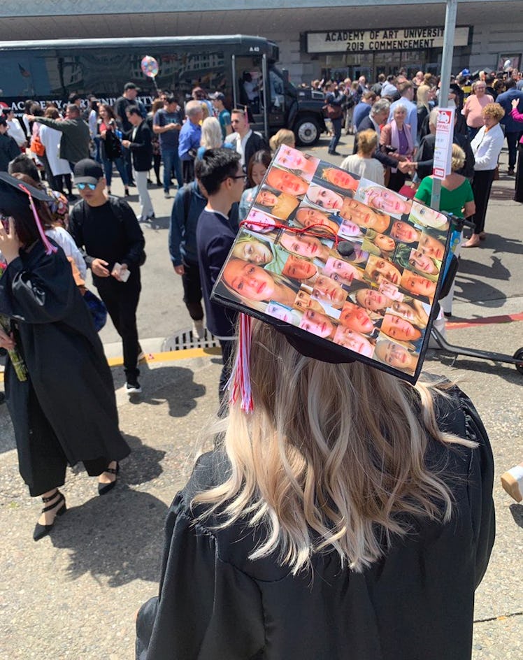 This funny graduation cap shows selfies of a grad crying on it.