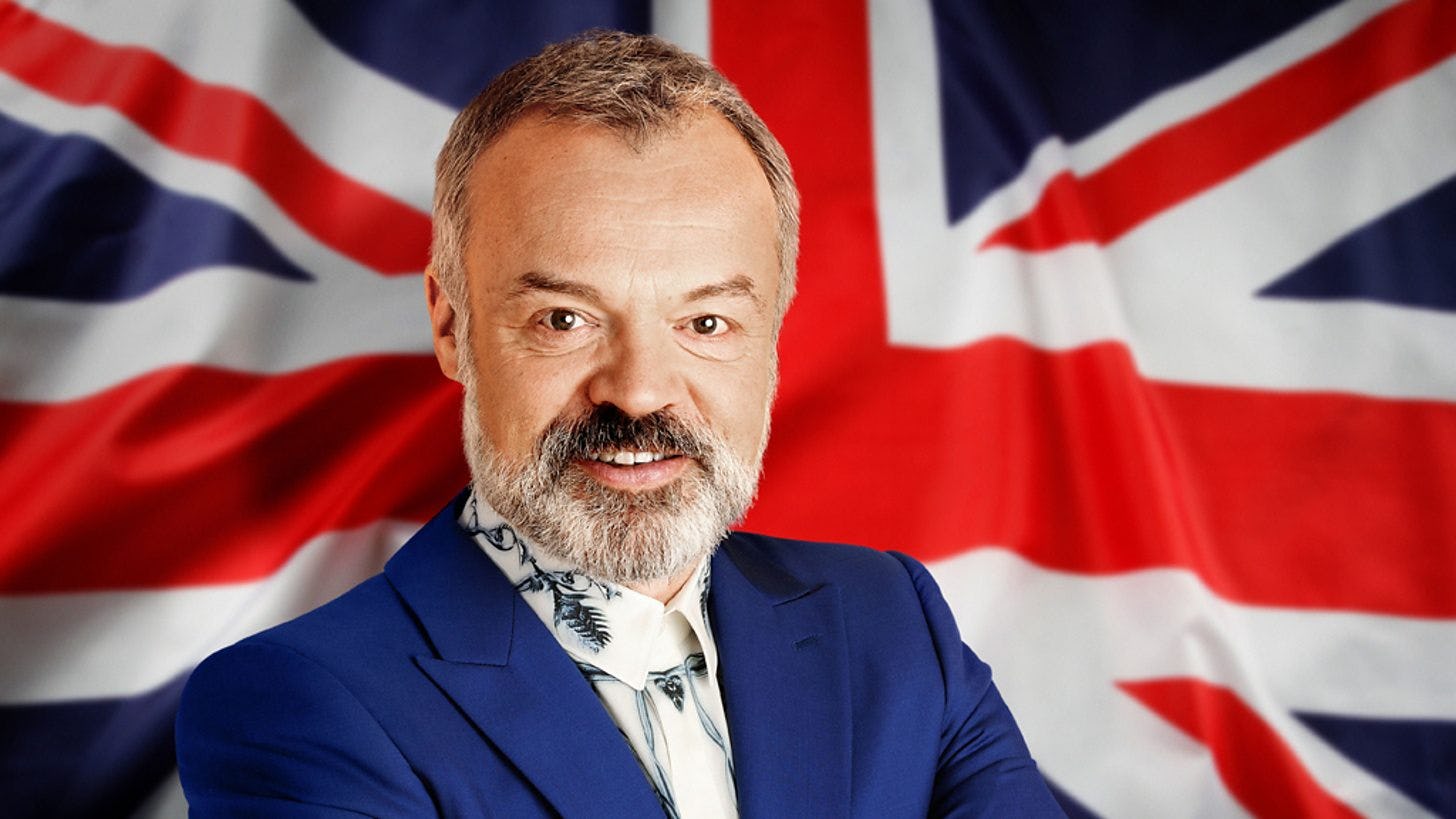 Graham Norton smiling in front of United Kingdom's flag