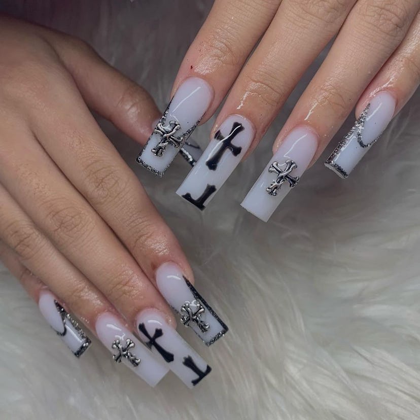 Chrome Hearts-inspired cross nail designs are having a major moment.