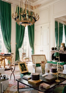 The Empire living room at Hubert de Givenchy’s 18th-century Hôtel d’Orrouer, in Paris.