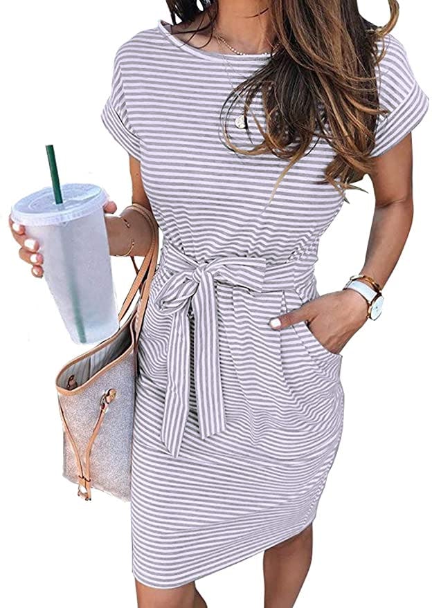 MEROKEETY Tie Waist T Shirt Dress
