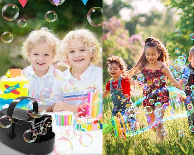 Two Pictures Of Kids Playing With Bubble Machines