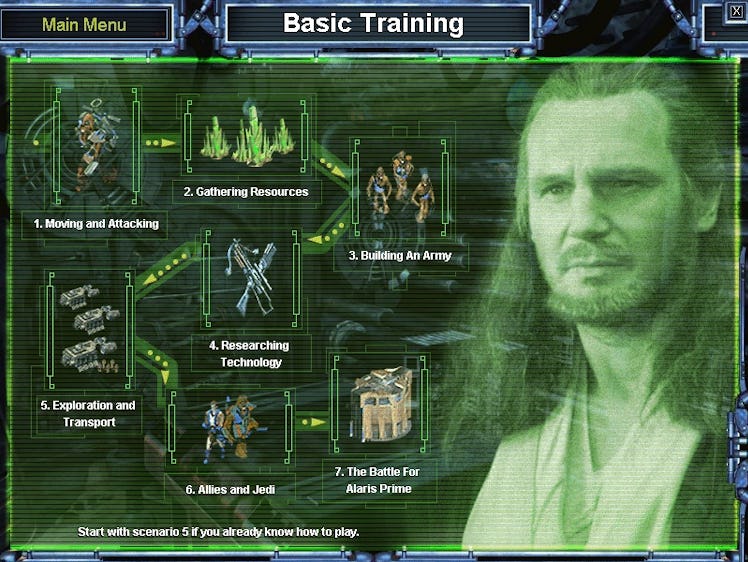 The menu showing the Alaris Prime campaign in Star Wars: Galactic Battlegrounds with Obi-Wan Kenobi,...