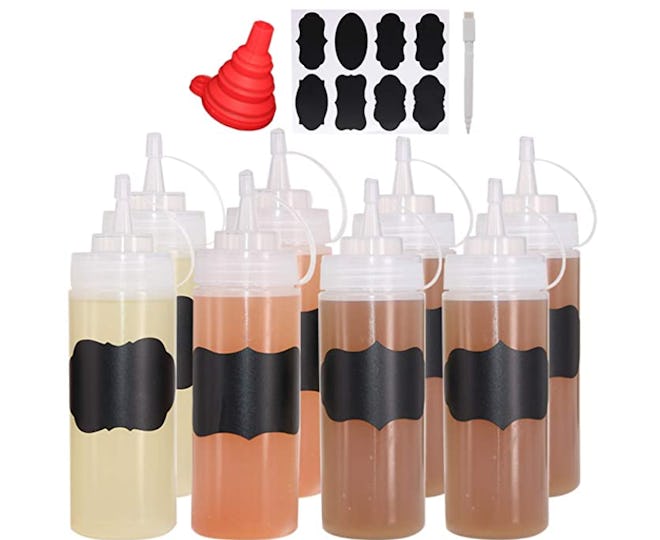 Clear plastic condiment bottles replace clunky store bought bottles.