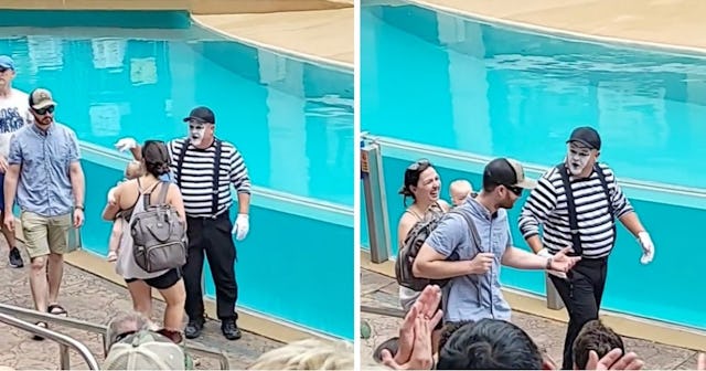 A dad was shamed by a mime when he was caught walking empty-handed next to his wife, who was carryin...