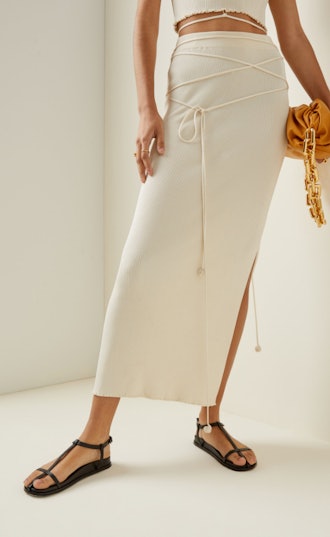 Tassenka Tie-Detailed Ribbed-Knit Midi Skirt