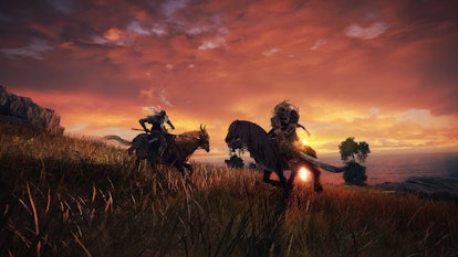 Warriors on horseback in Elden Ring, with a red sky in the background
