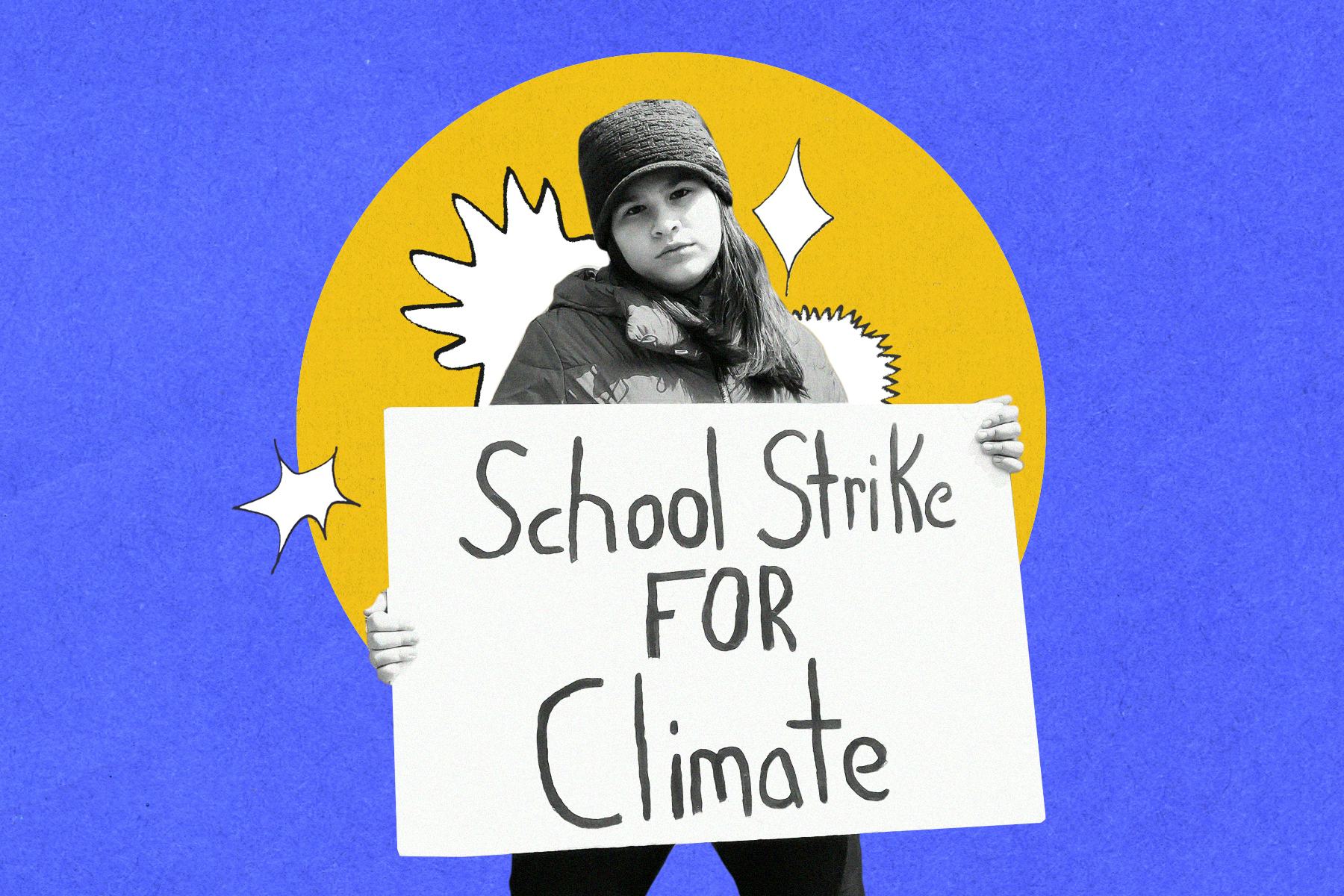 Haven Coleman holding a sign that says "school strike for climate"