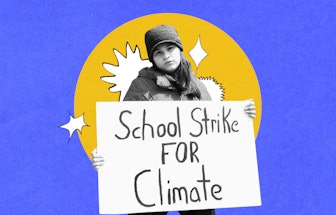 Haven Coleman holding a sign that says "school strike for climate"