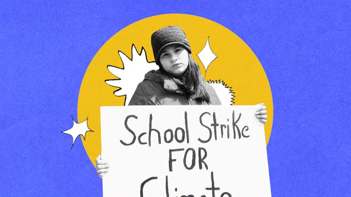 Haven Coleman holding a sign that says "school strike for climate"