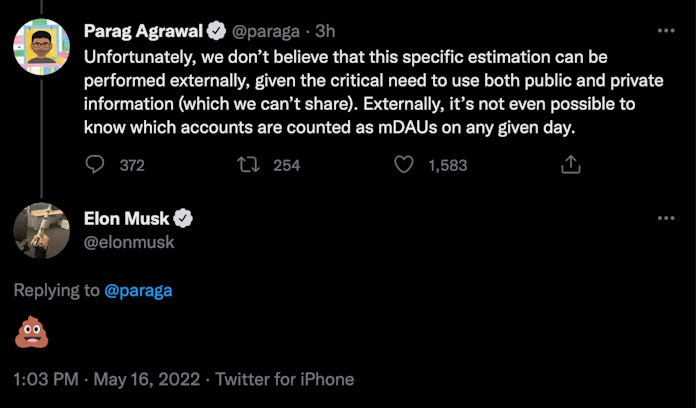 Screenshot of Elon Musk reply to Parag Agarwal