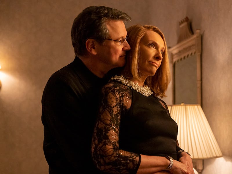 Colin Firth and Toni Collette as Michael Peterson and Kathleen Peterson in the tv show The Staircase...
