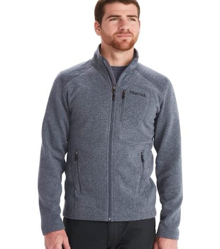 This lightweight fleece jacket has a moisture-wicking collar.