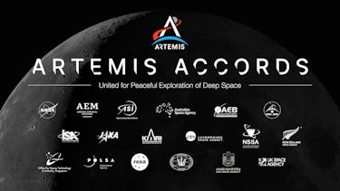 A moon in its crescent phase is the background. The words "Artemis Accords" are in big letters. Belo...