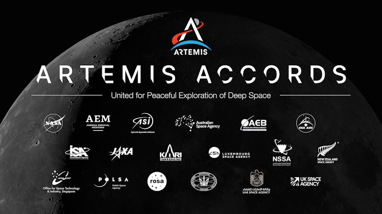 A moon in its crescent phase is the background. The words "Artemis Accords" are in big letters. Belo...