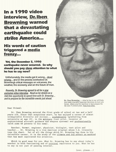 An ad defending Browning after his earthquake failed to materialize.