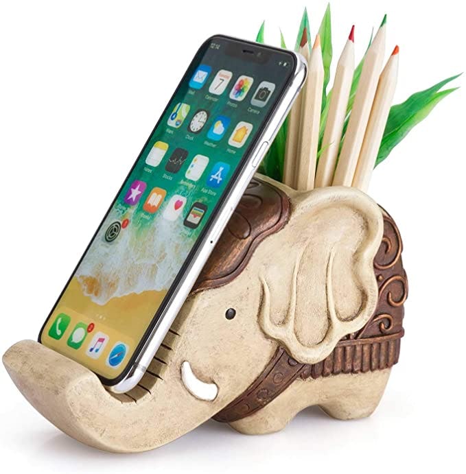 Coolbros Resin Elephant Shaped Pen Container + Cell Phone Stand