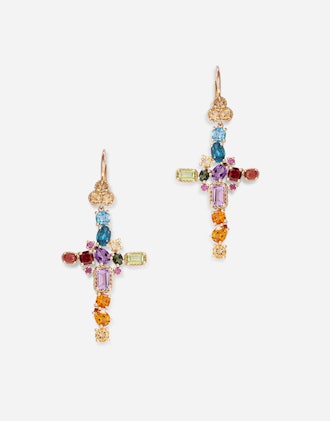 Rainbow alphabet earring in yellow gold with multicolor fine gems