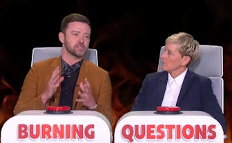 Justin Timberlake and Ellen Degeneres answering burning questions on the Ellen Degeneres Show.