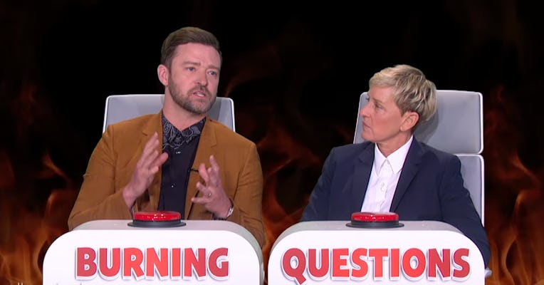 Justin Timberlake and Ellen Degeneres answering burning questions on the Ellen Degeneres Show.