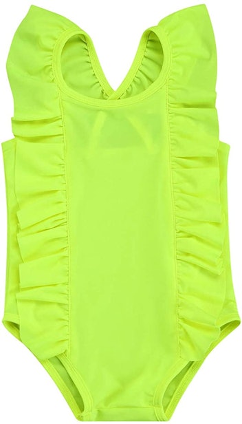 bright neon yellow ruffled swimsuit for toddlers - high visibility to prevent drowning