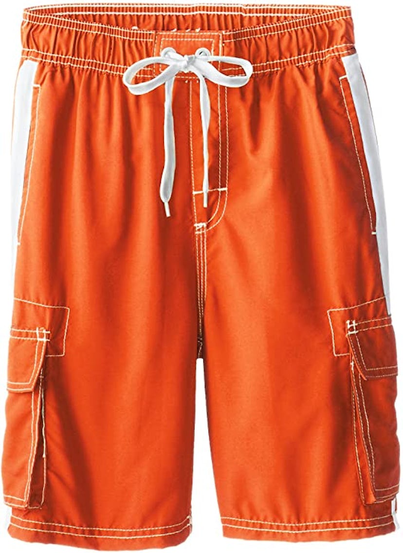 orange board shorts with pockets and UPF 50+ protection safest swimsuits for kids