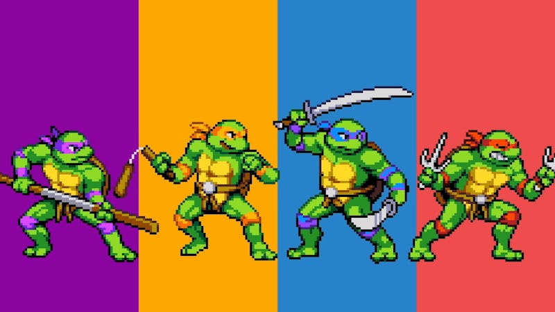 An illustration of Teenage Mutant Ninja Turtles Leonardo, Michelangelo, Donatello, and Raphael.