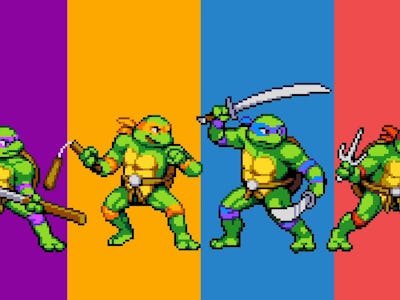 An illustration of Teenage Mutant Ninja Turtles Leonardo, Michelangelo, Donatello, and Raphael.