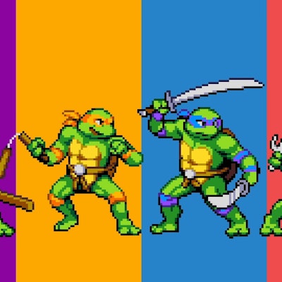 An illustration of Teenage Mutant Ninja Turtles Leonardo, Michelangelo, Donatello, and Raphael.