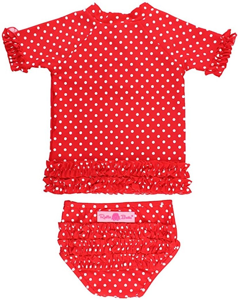 Red retro polka dot two piece ruffled bathing suit for babies, can see the swimsuit easily from afar