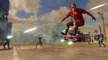 Player rides on a hoverboard away from gunmen