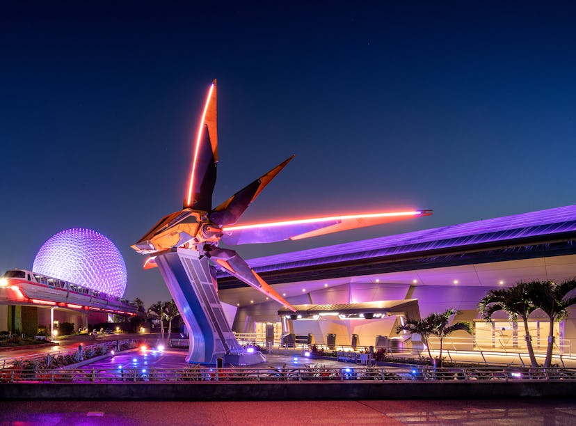 A view of The Guardians of the Galaxy: Cosmic Rewind coaster at night