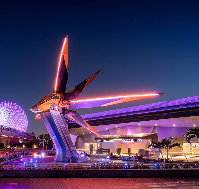 A view of The Guardians of the Galaxy: Cosmic Rewind coaster at night